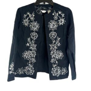 Laura Ashley Black Embellished Jeweled Embroidered Open Front‎ Jacket Sz PM